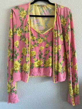 Vintage Bluemarine Top Cardigan Set Matching Italy Y2K Floral Fairy Yellow Pink